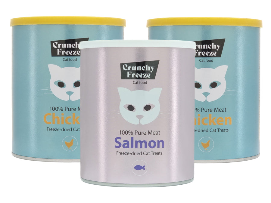 Crunchy Freeze Chicken&Salmon Set Leckerlipackung für Katzen 2x gefriergetrocknetes Hähnchen und 1x gefriergetrockneter Lachs 3x140 g