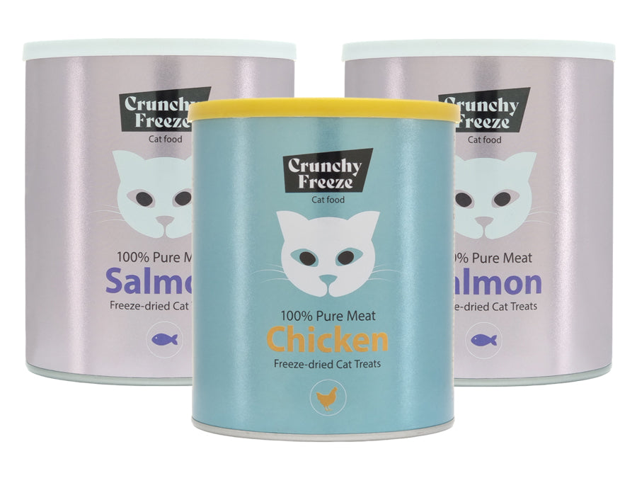 Crunchy Freeze Salmon&Chicken Set Leckerlipackung für Katzen 2x gefriergetrocknetes Lachsfleisch und 1x gefriergetrocknetes Hühnerfleisch 3x140 g